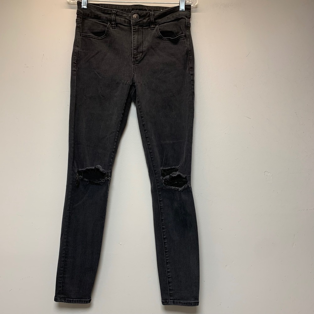 American Eagle Skinny Jeans Women 8 Washed Black Excellent Distressed Stretch